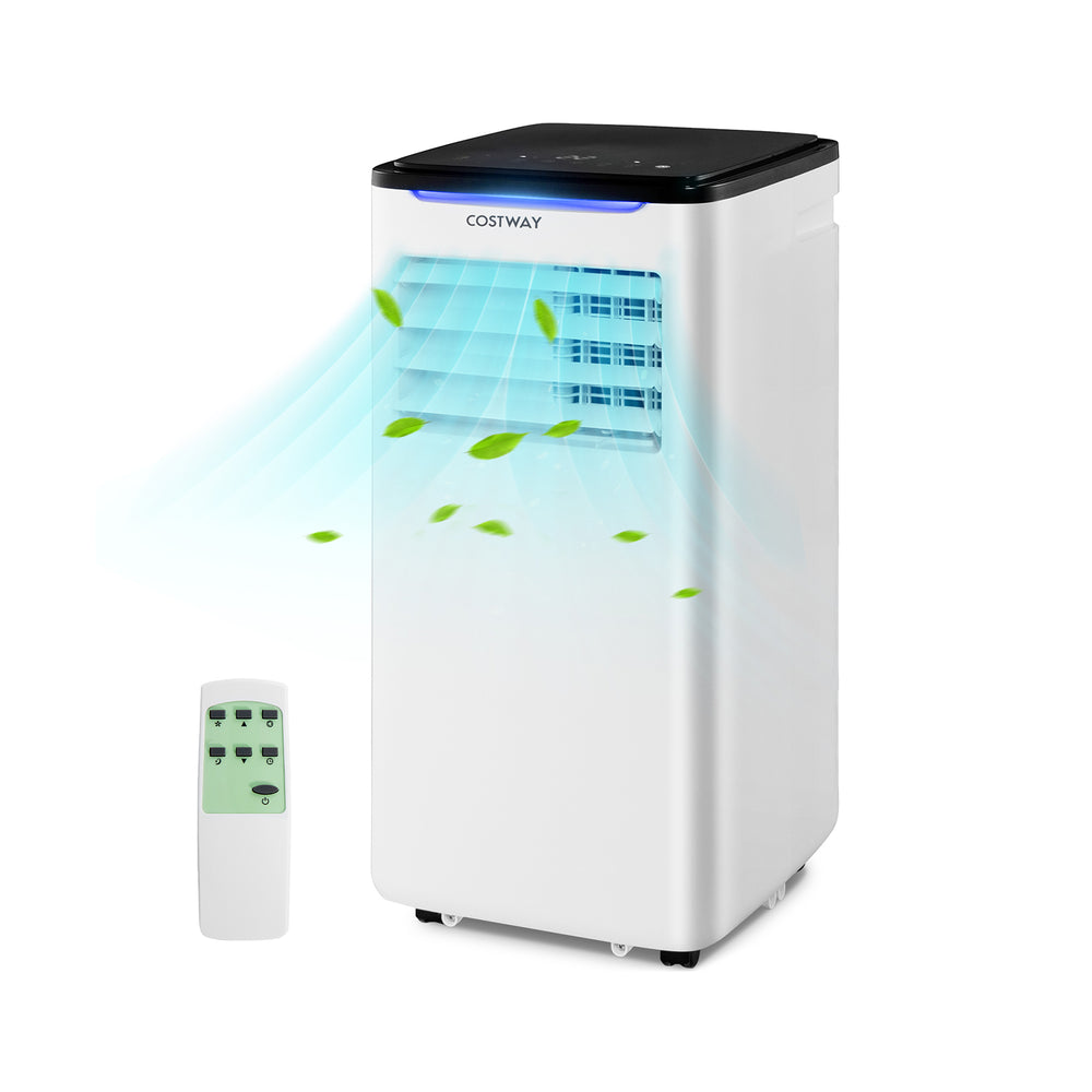 8000 BTU portable air conditioner with remote control, fan, and dehumidifier mode, featuring adjustable louvers for air.
