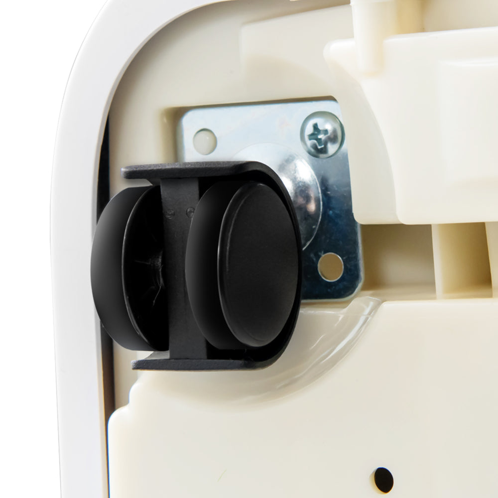 Close-up of the wheel attachment on the 8000 BTU portable air conditioner for easy mobility and installation.