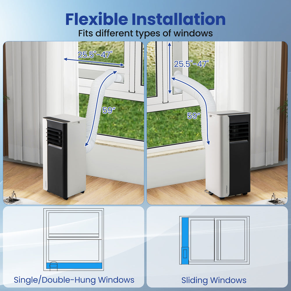Portable 8000 BTU air conditioner with flexible installation for single/double-hung and sliding windows, remote control.
