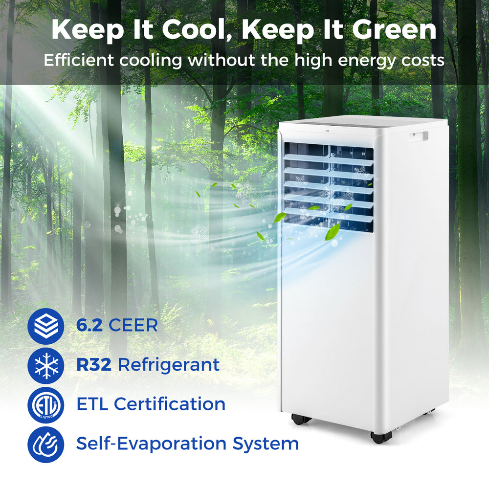 8000 BTU portable air conditioner in white with control panel, ideal for cooling rooms up to 250 sq.ft efficiently.