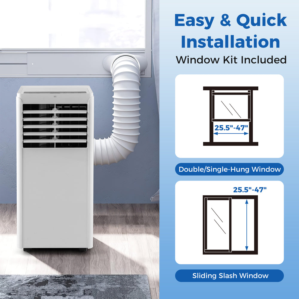 Portable 8000 BTU air conditioner with window kit, ideal for cooling rooms up to 250 sq.ft, includes fan and.