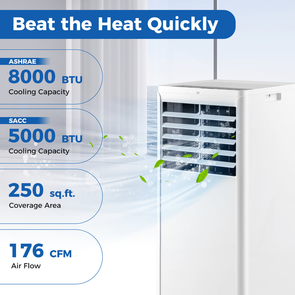 8000 BTU portable air conditioner with fan and dehumidifier, cooling up to 250 sq.ft, featuring a control panel and.