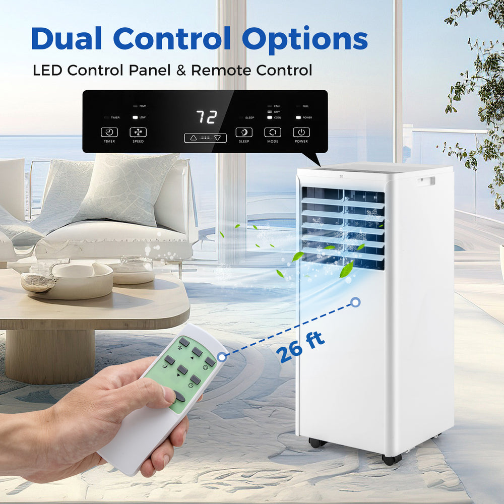 Portable 8000 BTU air conditioner with remote control, cooling a room up to 250 sq.ft, ideal for home or office use.