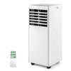 4-in-1 8000 BTU portable air conditioner with remote, designed for easy mobility with 4 universal wheels and handles.