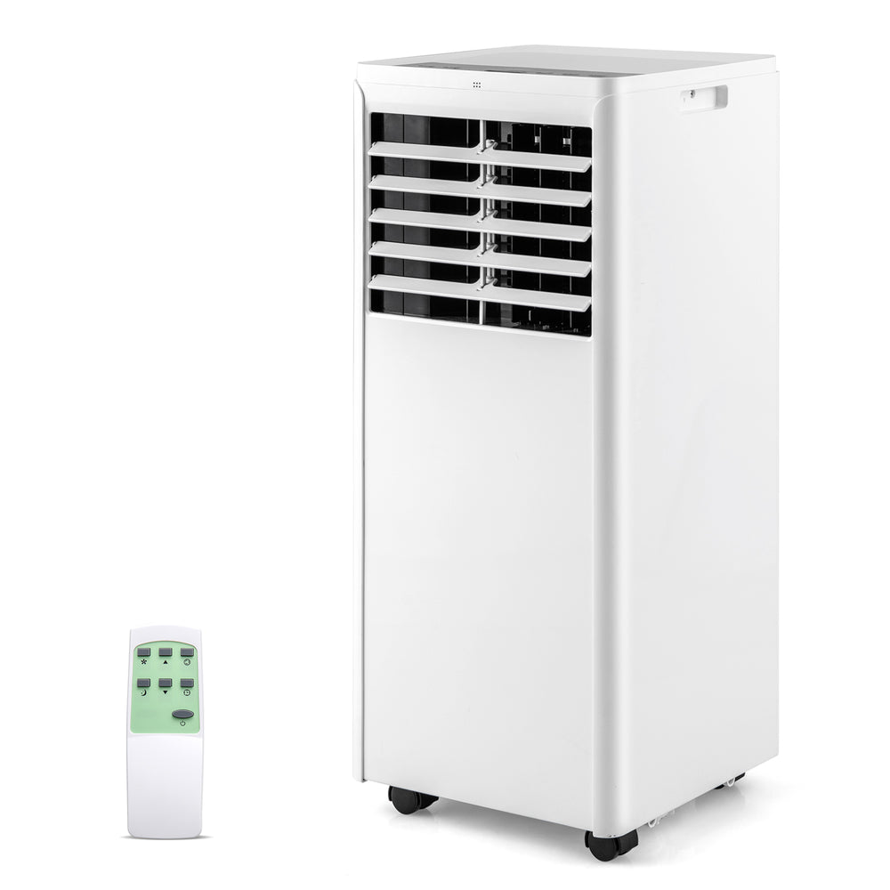 4-in-1 8000 BTU portable air conditioner with remote, designed for easy mobility with 4 universal wheels and handles.