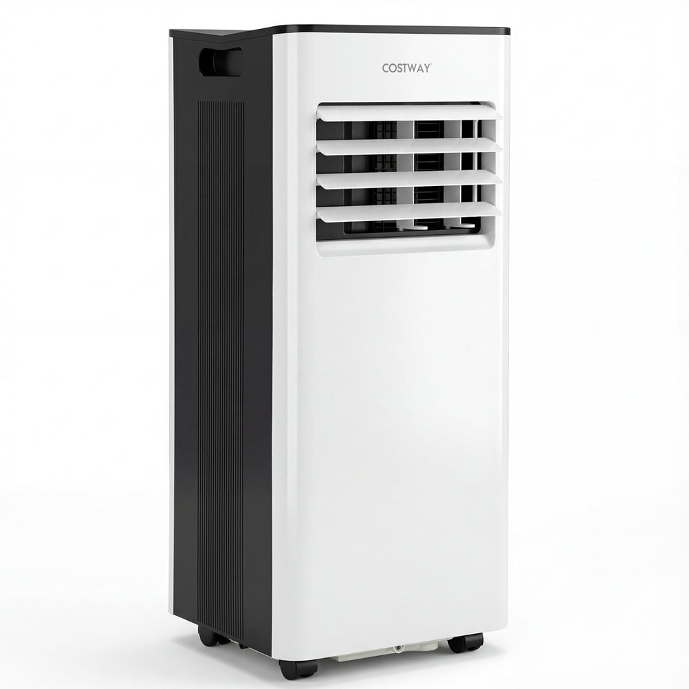 Portable 8000 BTU air conditioner with LED display, remote control, and adjustable blades for efficient cooling in.