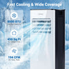 Portable 8000 BTU air conditioner with LED display, cooling 450 sq. ft., featuring smart controls and universal wheels.