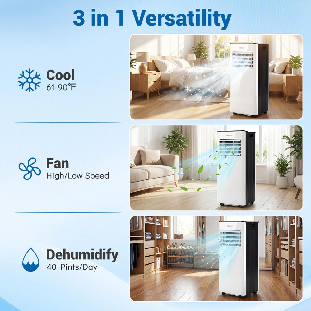 8000 BTU portable air conditioner with fan and dehumidifier, featuring LED display and versatile cooling modes for.