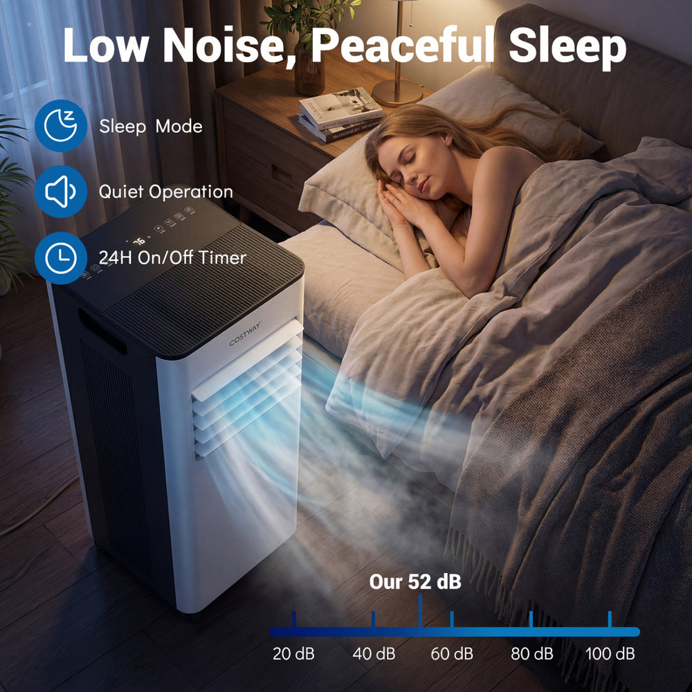 Portable 8000 BTU air conditioner in sleep mode, designed for quiet operation and optimal comfort in small rooms.