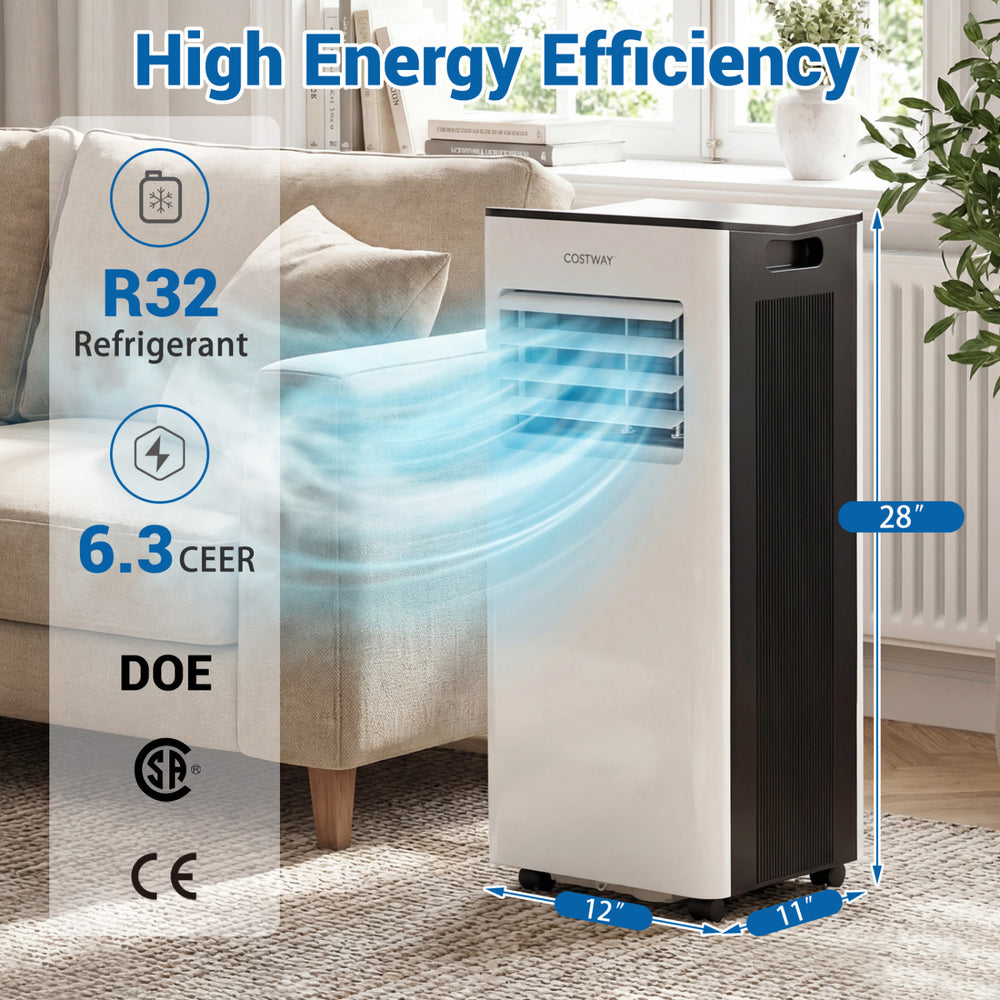 Portable 8000 BTU air conditioner with LED display, adjustable window kit, and energy-efficient design for small rooms.