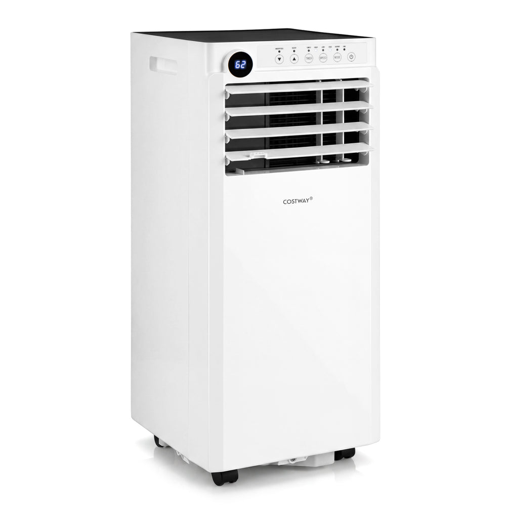 8000 BTU portable air conditioner in white features a touch panel, remote control, and 24H timer for efficient cooling.
