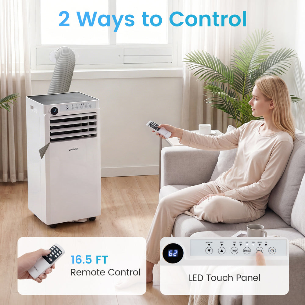 Portable 8000 BTU air conditioner with remote control and LED touch panel, ideal for efficient cooling in various spaces.
