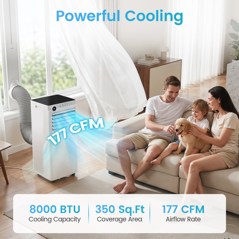 Portable 8000 BTU air conditioner with dehumidifier, featuring 177 CFM airflow, ideal for cooling apartments and offices.