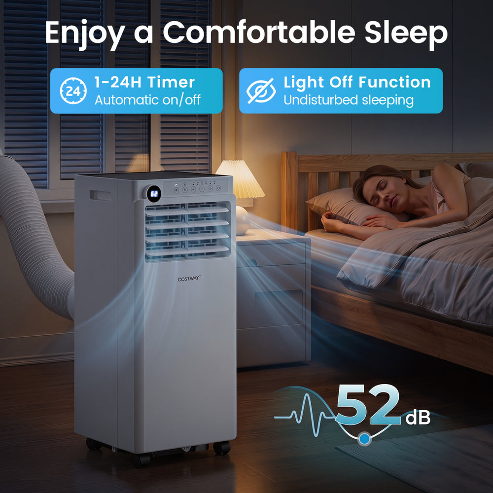 8000 BTU portable air conditioner in white with 24H timer and dehumidifier, ideal for bedrooms and efficient cooling.