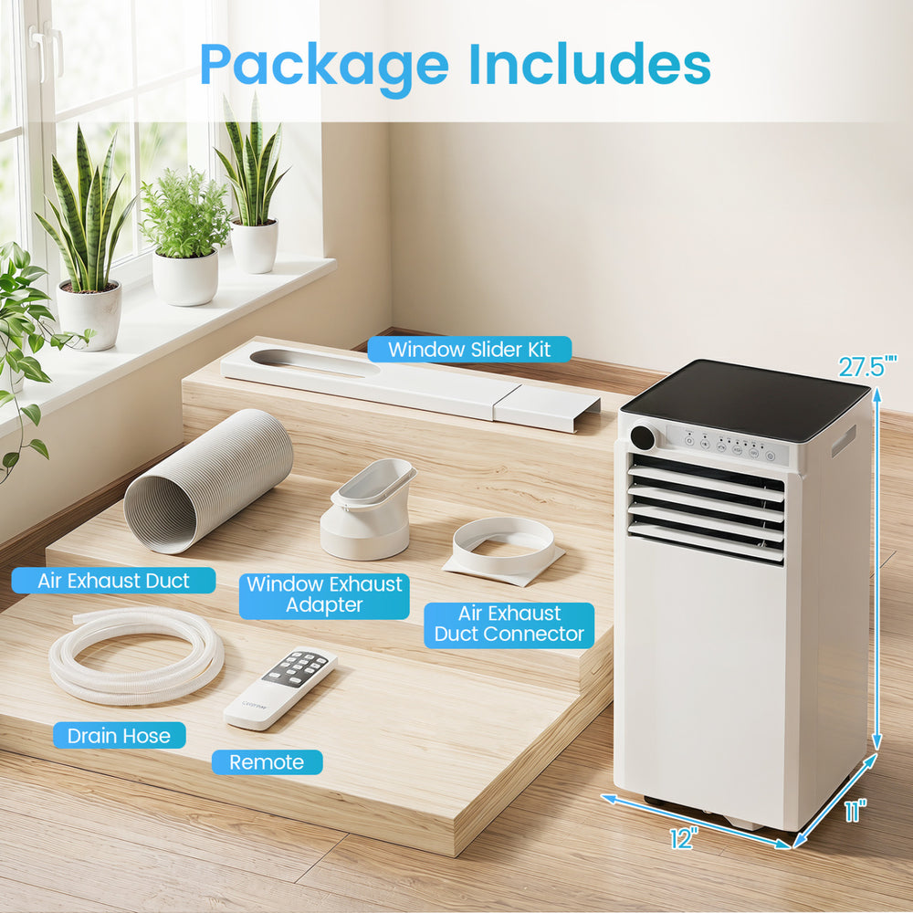 8000 BTU portable air conditioner with remote, window kit, and exhaust duct, ideal for efficient cooling in various spaces.