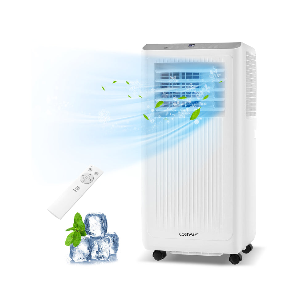 8000 BTU portable air conditioner with remote control, featuring cooling, dehumidifying, and fan modes for versatile.