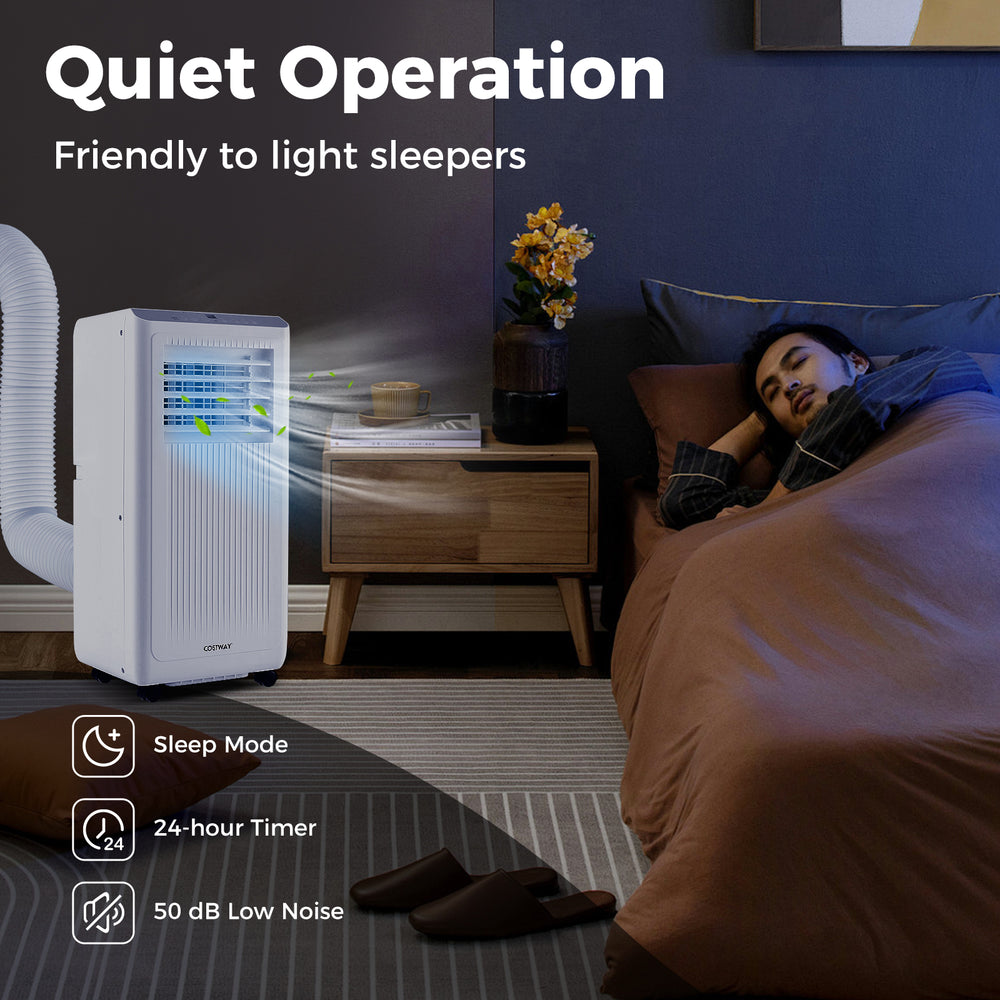 8000 BTU portable air conditioner with quiet operation, remote control, and 24-hour timer for bedrooms or living rooms.