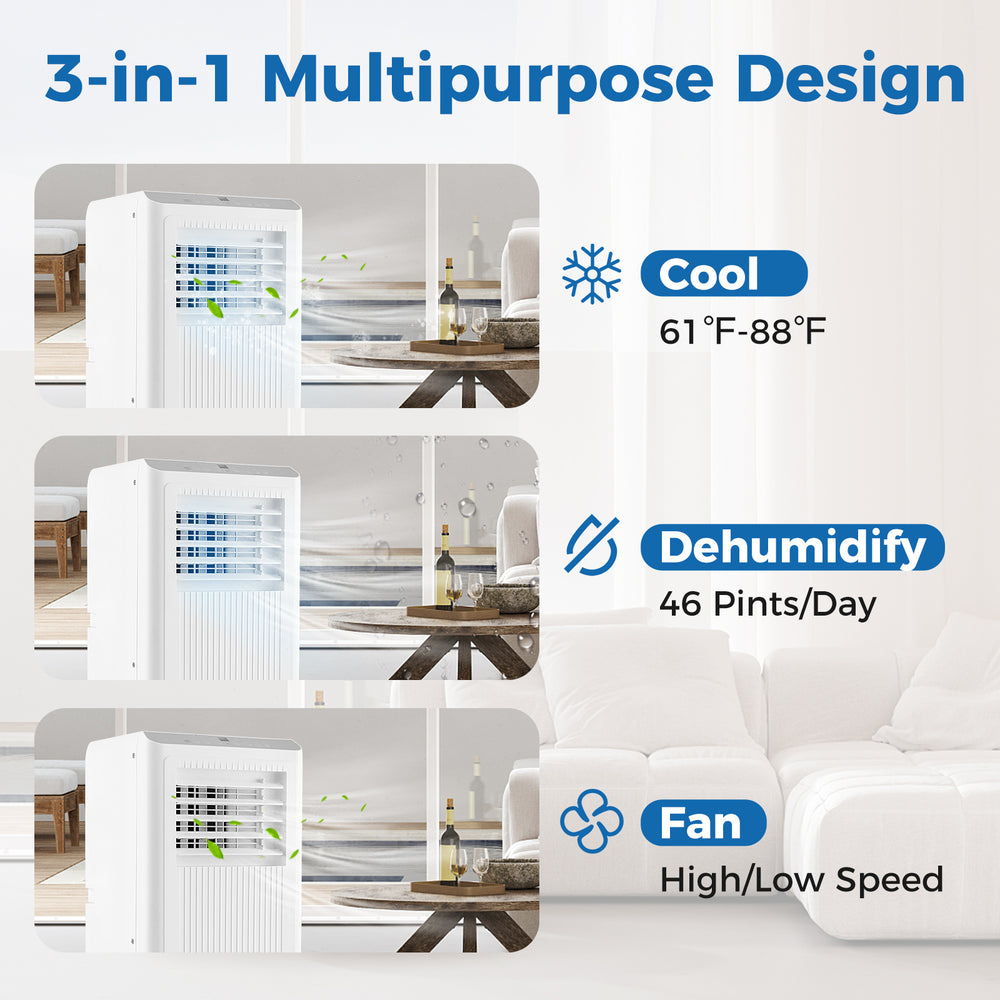 8000 BTU portable air conditioner showing cooling, dehumidifying, and fan modes for versatile indoor comfort.