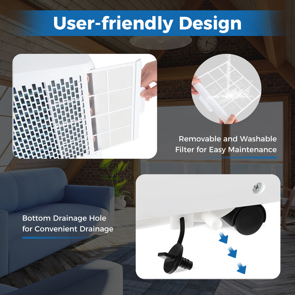 Removable and washable filter of the 8000 BTU portable air conditioner for easy maintenance and convenient drainage.