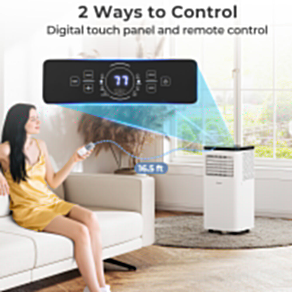 Digital touch panel of the 8000 BTU portable air conditioner with remote control, designed for large rooms up to 350.