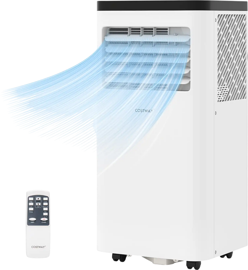 8000 BTU portable air conditioner with remote control, designed for rooms up to 350 sq. ft., featuring 3-in-1.