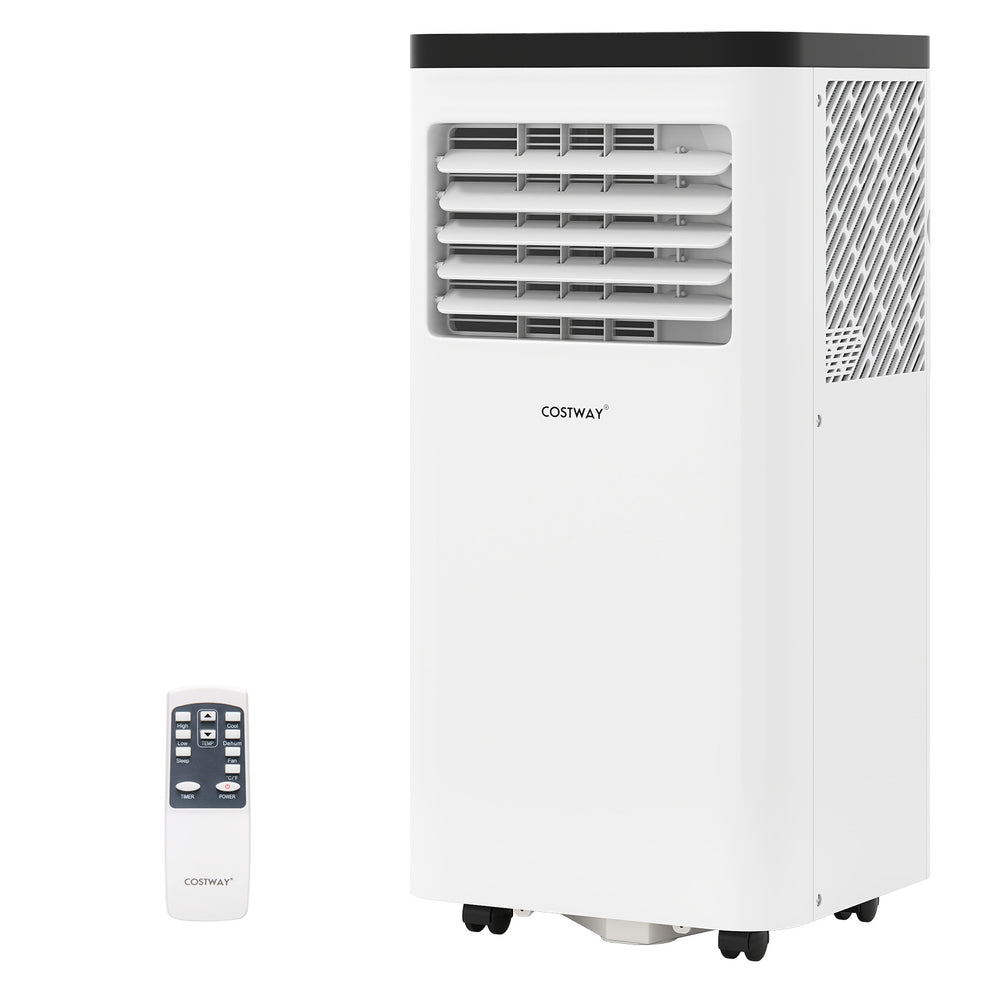 8000 BTU portable air conditioner with remote control, designed for rooms up to 350 sq. ft, featuring a 3-in-1.