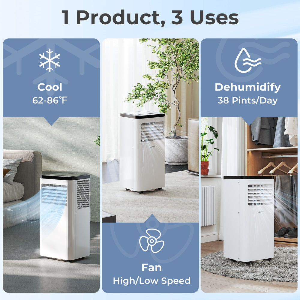8000 BTU portable air conditioner with cooling, dehumidifying, and fan functions for rooms up to 350 sq. ft.