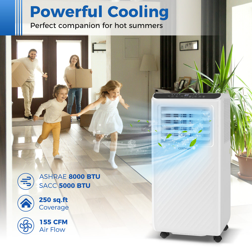 8000 BTU portable air conditioner with fan and dehumidifier, featuring remote control and easy mobility for versatile.