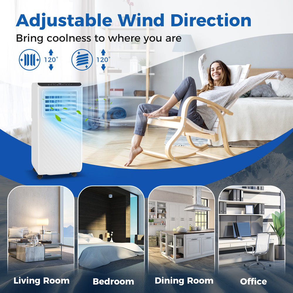 Portable 8000 BTU air conditioner with fan and dehumidifier, ideal for living room, bedroom, or office use.