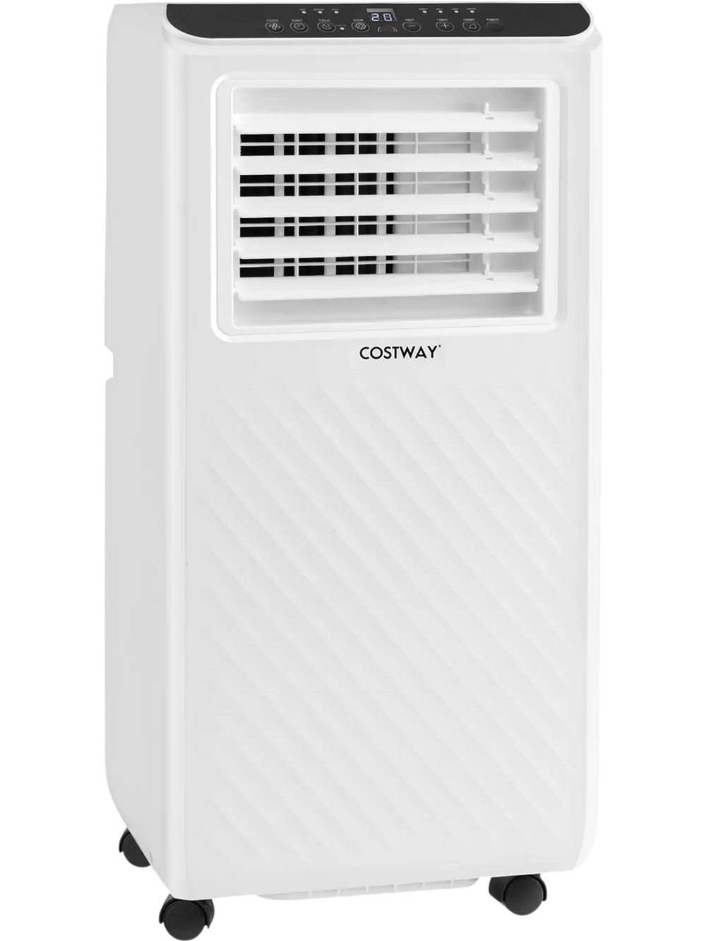 Portable 8000 BTU air conditioner with fan and dehumidifier, featuring a sleek design and remote control for.