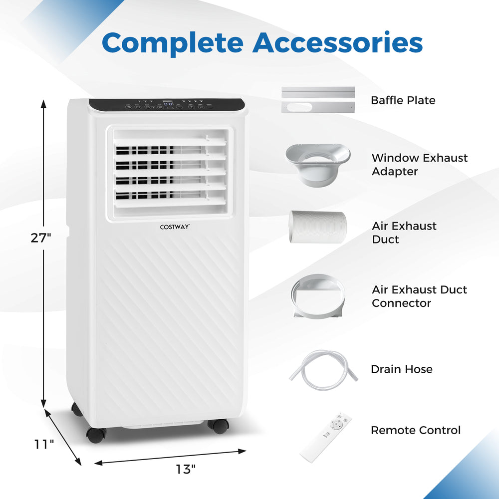 8000 BTU portable air conditioner with remote control, exhaust ducts, and installation accessories for easy setup.