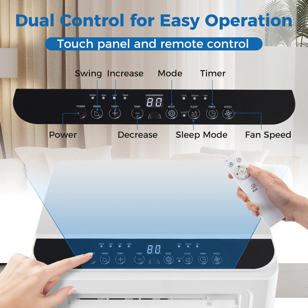 Touch panel and remote control of the 8000 BTU portable air conditioner for easy operation and temperature adjustment.