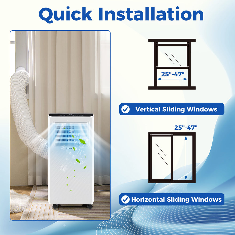 Portable air conditioner installation guide showing setup for vertical and horizontal sliding windows, 8000 BTU cooling.