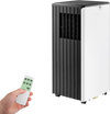 Portable air conditioner in black and white with remote control, featuring 8000 BTU cooling and sleep mode for large.