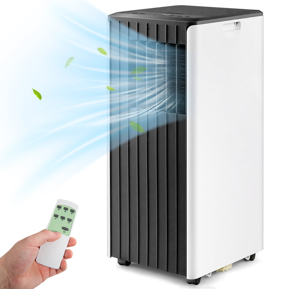 Portable air conditioner in black and white with remote control, featuring cooling, humidifying, and sleep mode.