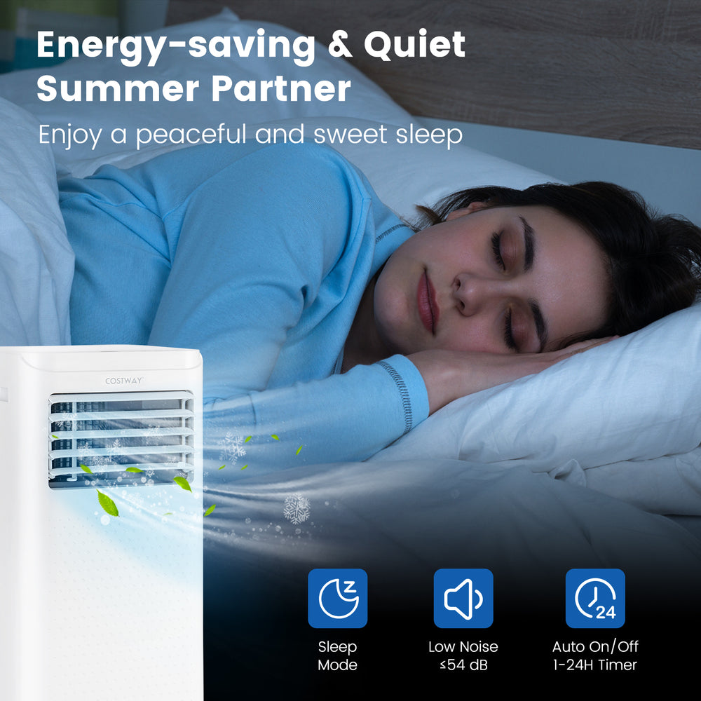 8000 BTU portable air conditioner with dehumidifier, quiet operation, and remote control for comfortable sleep.