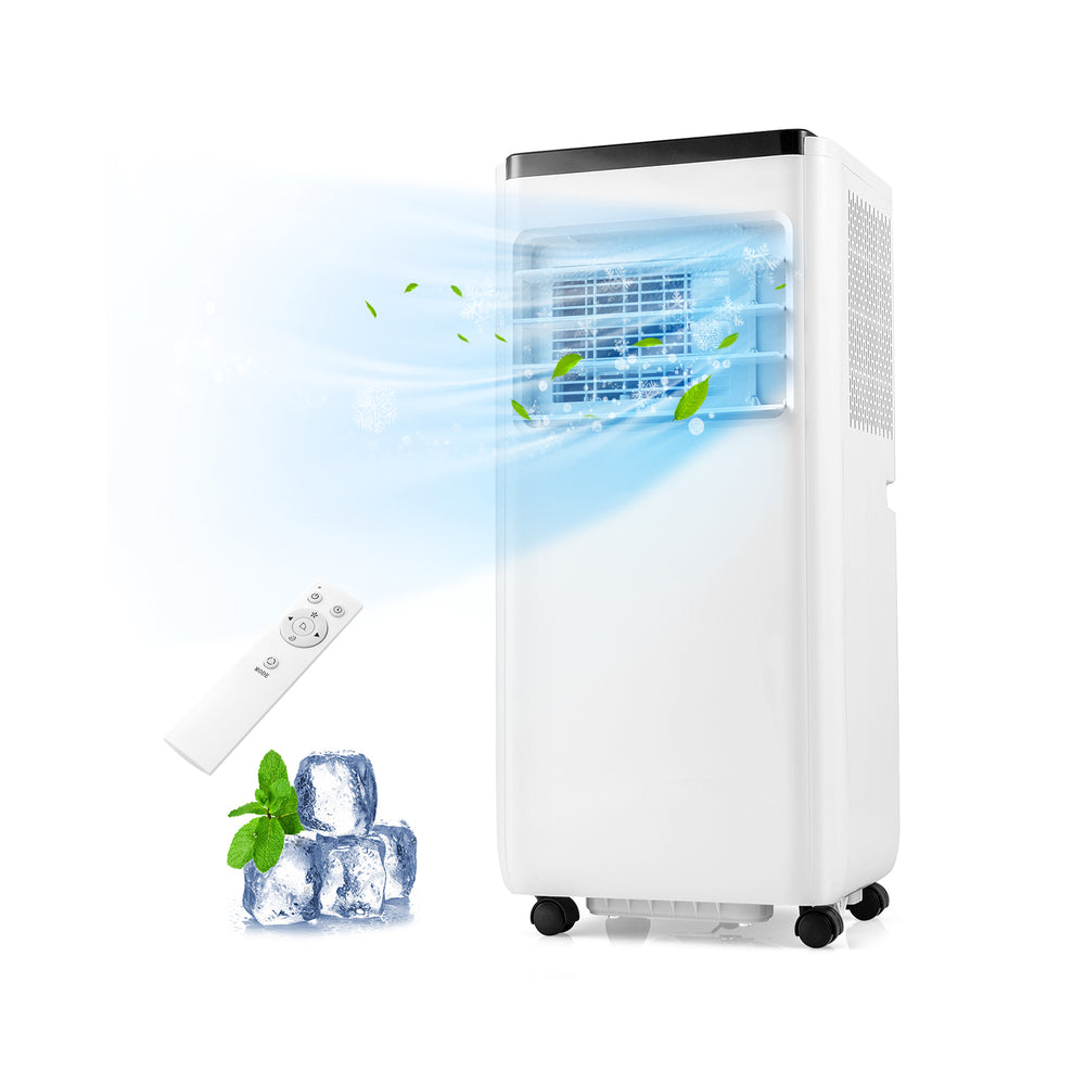 Portable 8000 BTU air conditioner with remote control, cooling up to 250 sq. ft., featuring a sleek design and easy.