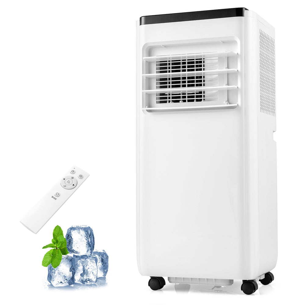 Portable 8000 BTU air conditioner with remote control, designed for spaces up to 250 sq. ft., featuring a sleek design.