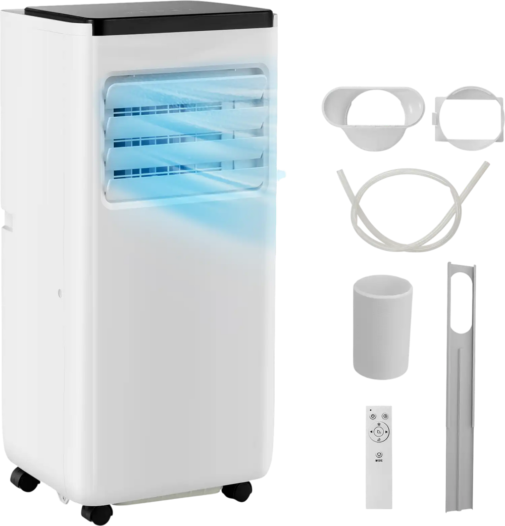 Portable 8000 BTU air conditioner with remote control, designed for spaces up to 250 sq. ft., featuring sleek design.