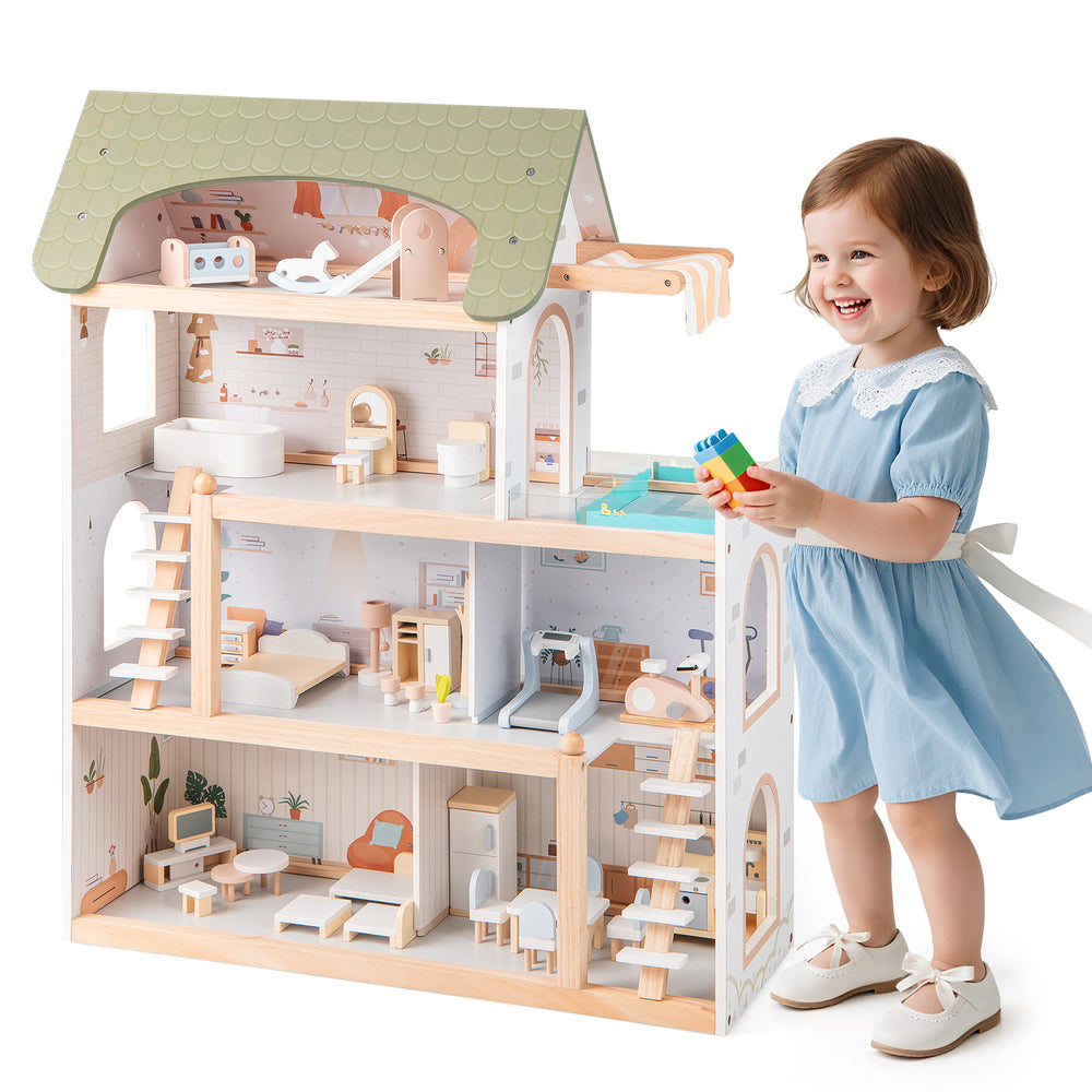 Wooden dollhouse with 33 furniture pieces, featuring movable stairs and a robust design for kids' imaginative play.