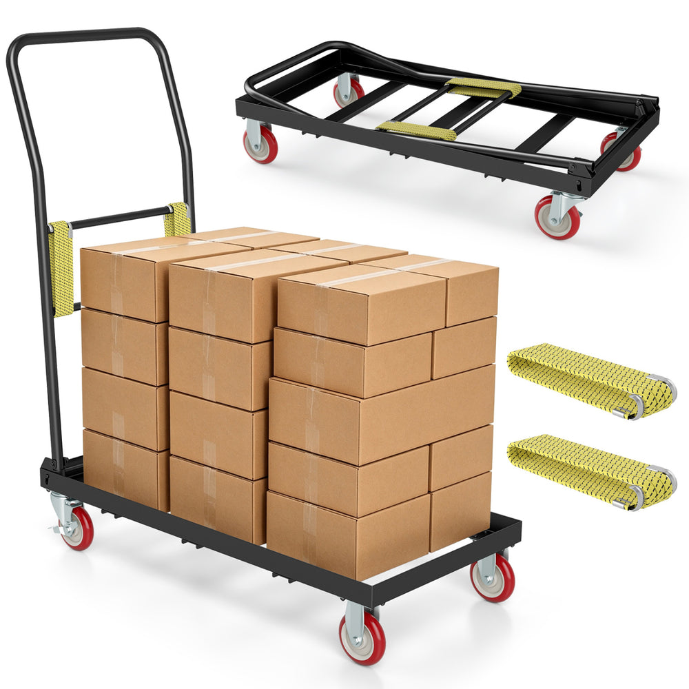 Folding hand truck with handle and 2 elastic ropes, capable of carrying 800 lbs, ideal for transporting heavy items.