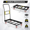 Folding hand truck with a 800 lbs capacity, featuring a handle, elastic ropes, and dimensions for easy storage.