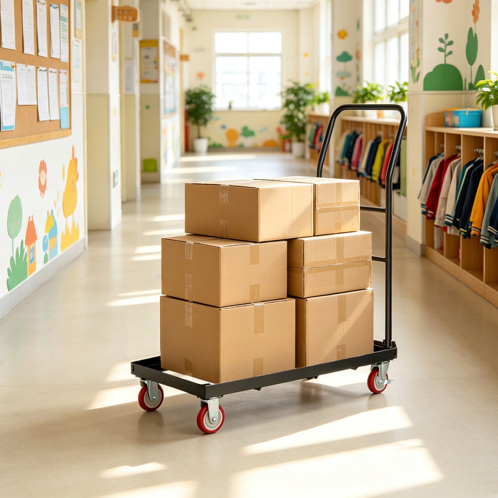 Folding hand truck with handle and two elastic ropes, capable of carrying up to 800 lbs for efficient transport.