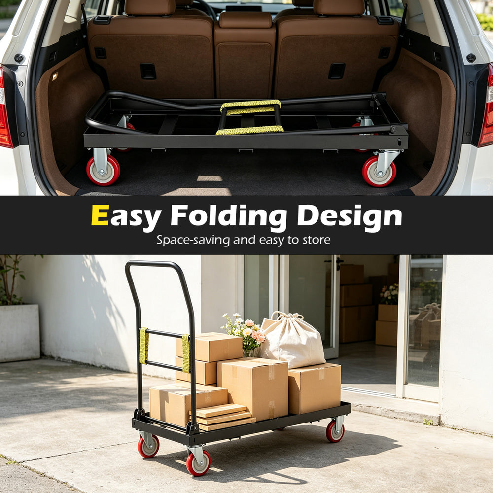 Folding hand truck with a heavy load capacity of 800 lbs, featuring wheels for easy transport and space-saving design.