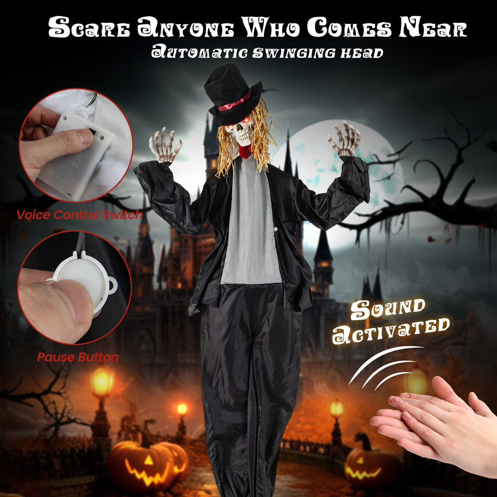 Halloween animatronic standing groom with moving head, red flashing eyes, and poseable arms for indoor or covered.