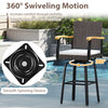 360° swivel bar stool featuring brown PE rattan, acacia wood armrests, and soft cushion, perfect for outdoor relaxation.