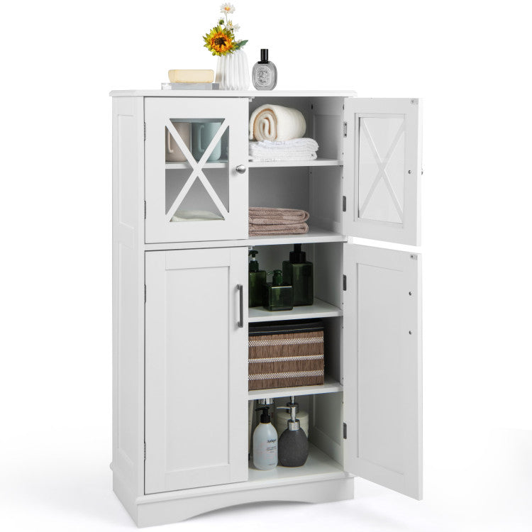 White floor cabinet with adjustable shelves, ideal for storing towels and toiletries in a modern bathroom.