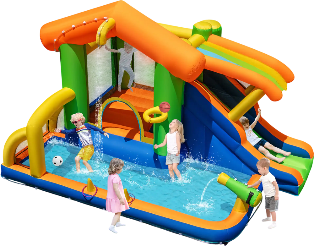 Inflatable bounce house water park with slide, climbing wall, and pool for kids aged 3-12, perfect for summer fun.