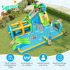 Inflatable water slide with dual slides, splash pool, and climbing wall for kids' outdoor fun and safety.