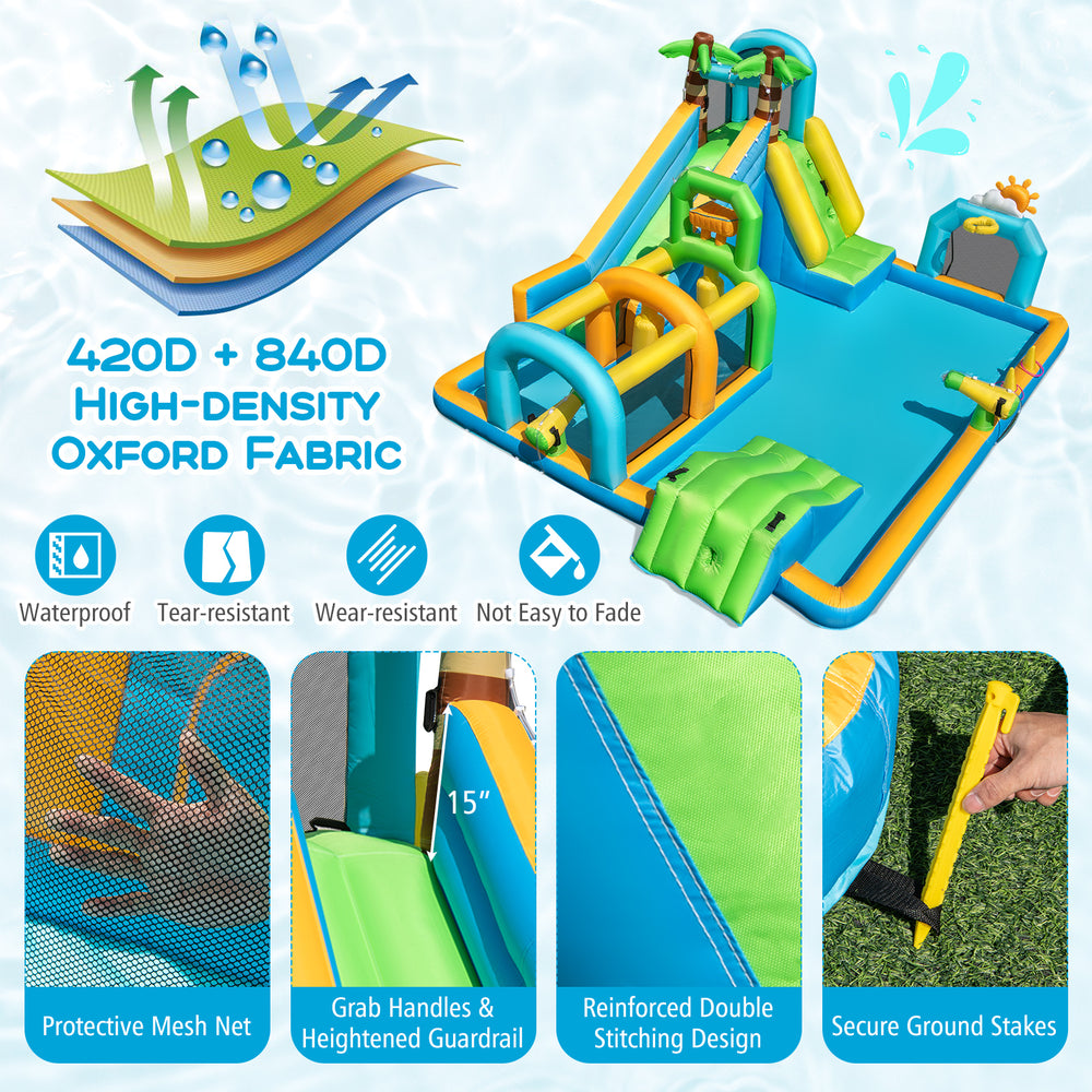 Inflatable water slide with dual slides, made of durable 420D+840D Oxford fabric, perfect for outdoor summer fun.